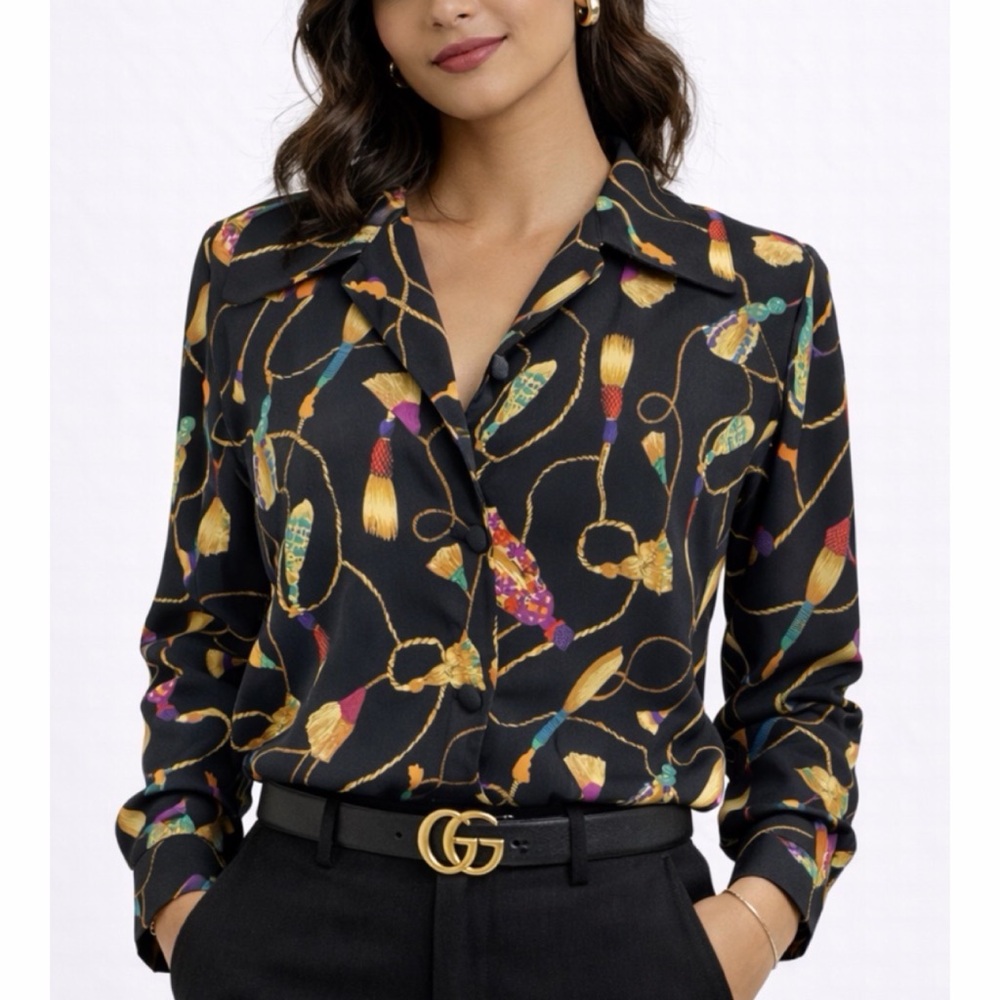 (VTG) CHRISTIE & JILL • Black Tassel Print Long Sleeve Blouse, 8 - Picture 1 of 15
